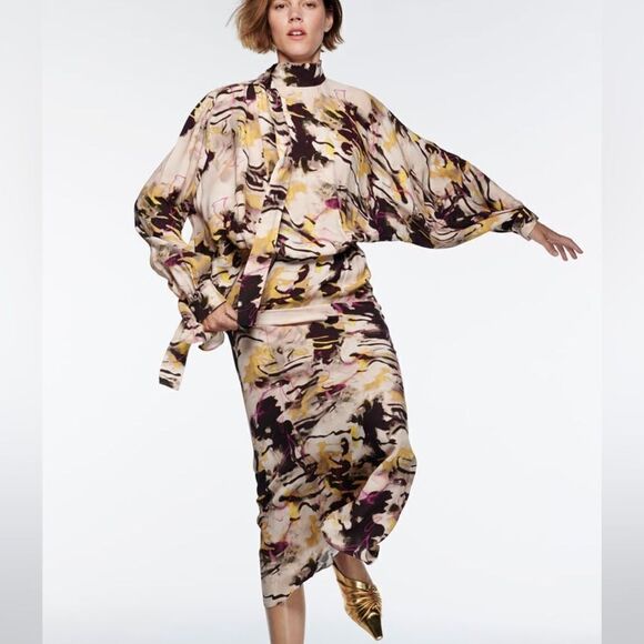 Zara Dress Printer Midi Multicolored New - Picture 6 of 8